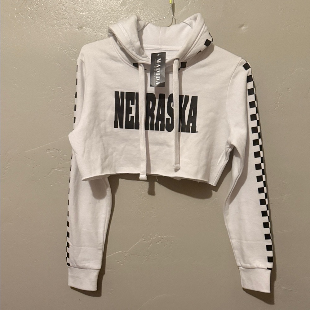 Reflex White Cropped Nebraska Hoodie with Black Checkered Sleeves Medium - Picture 1 of 8